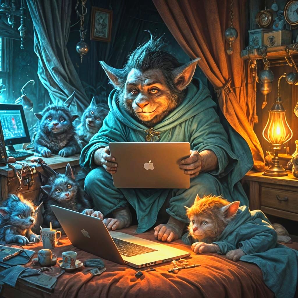 Trolls Working on Laptops in Bed, Fantasy Art