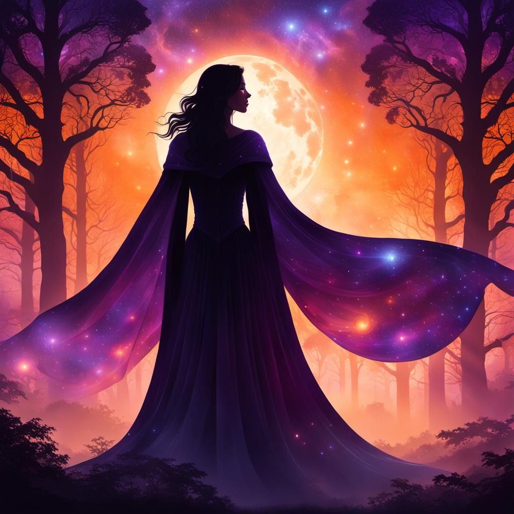 Cosmic Goddess Silhouette with Celestial Cape