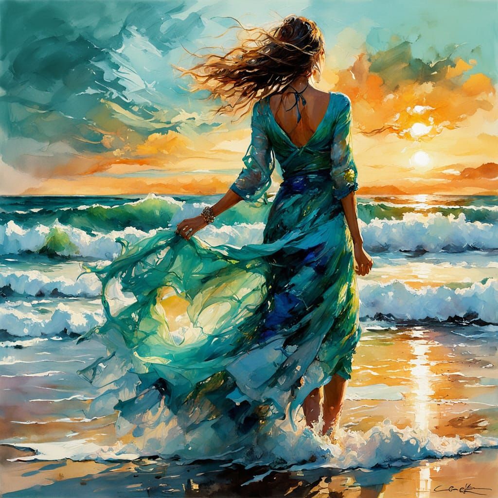 Seascape Sunset in Digital Watercolor Style