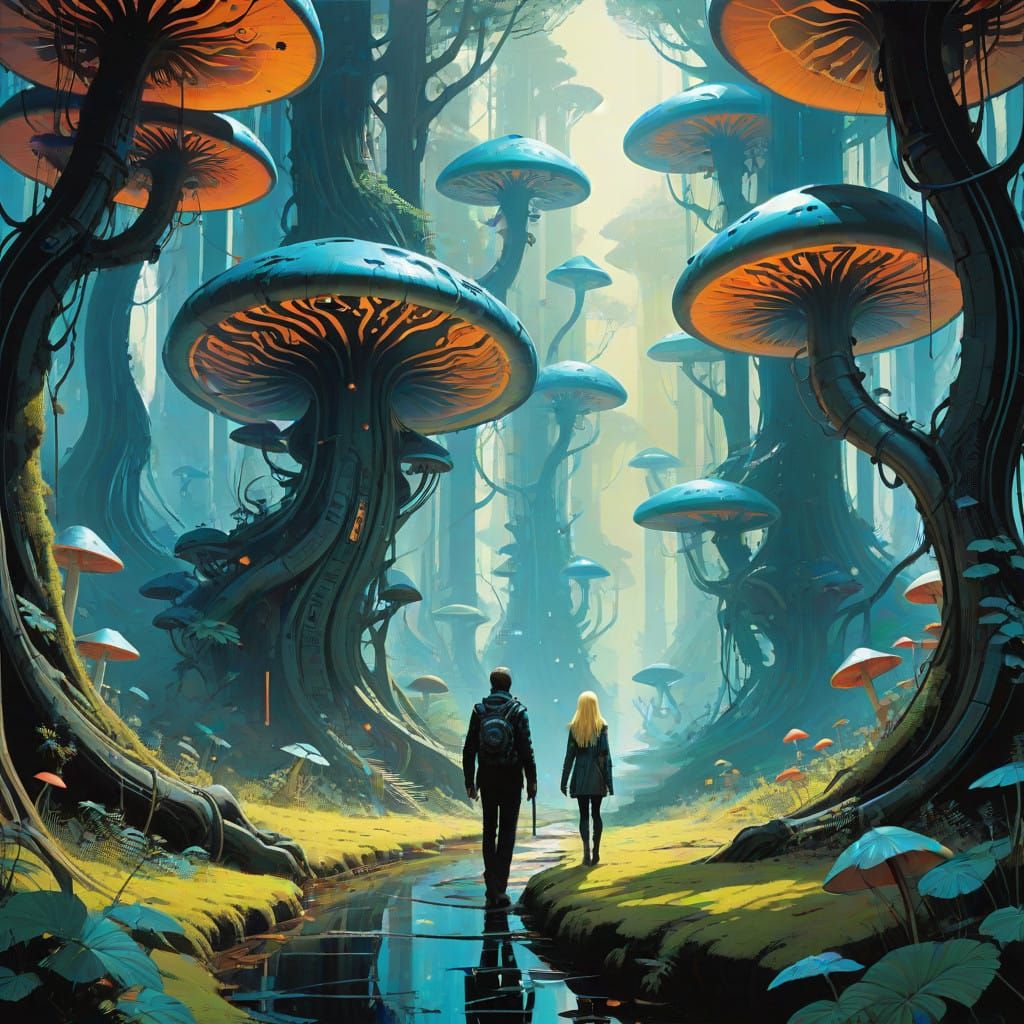 Surreal Forest Encounter in Vibrant Psychedelic Style