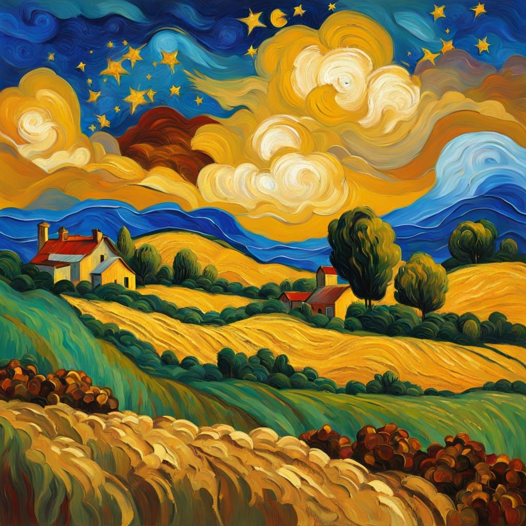 Van Gogh Style Village Landscape with Impasto Texture