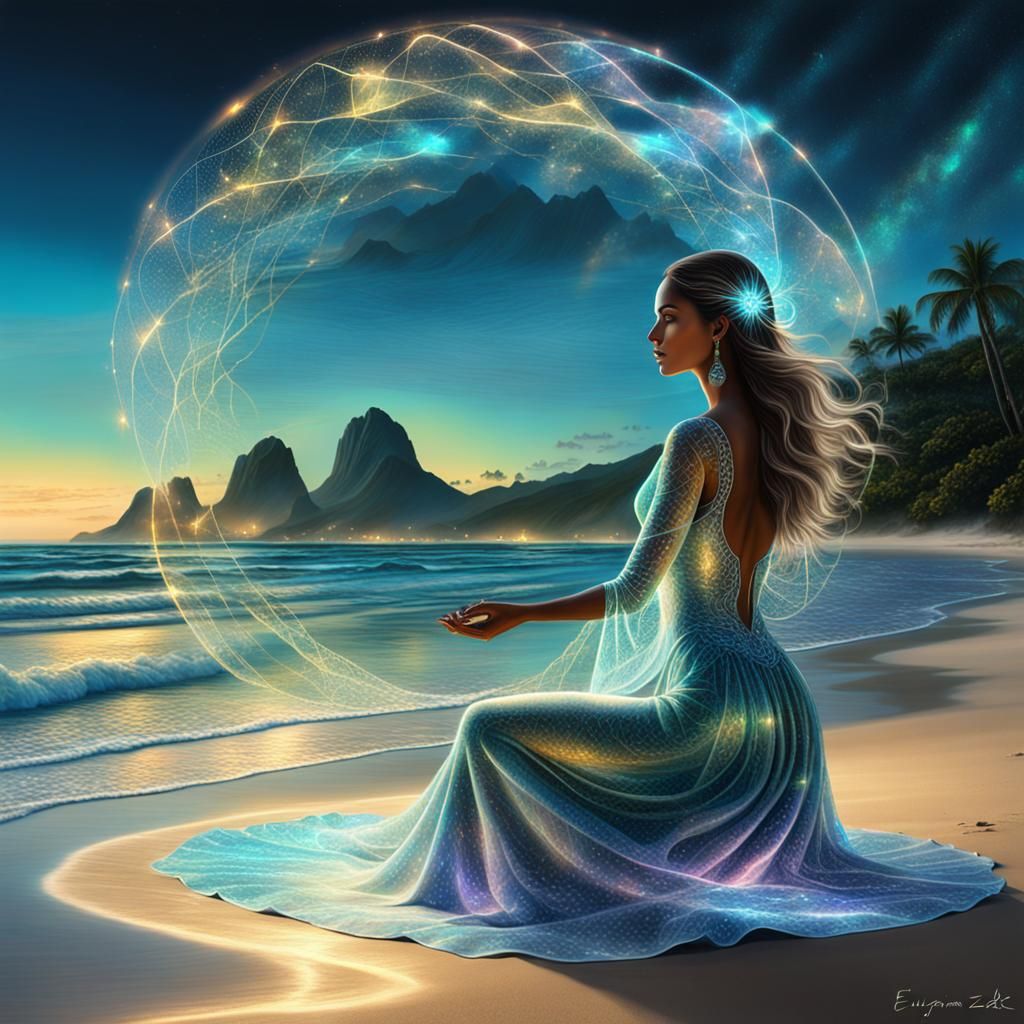a hologram of a beautiful young lady on a tranquil beach