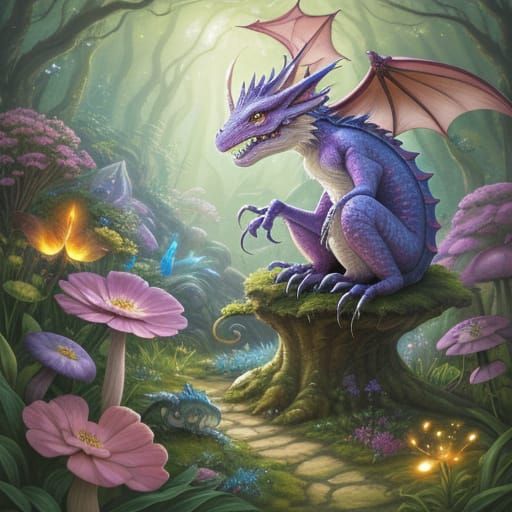 Whimsical Pink Dragon in an Enchanted Forest