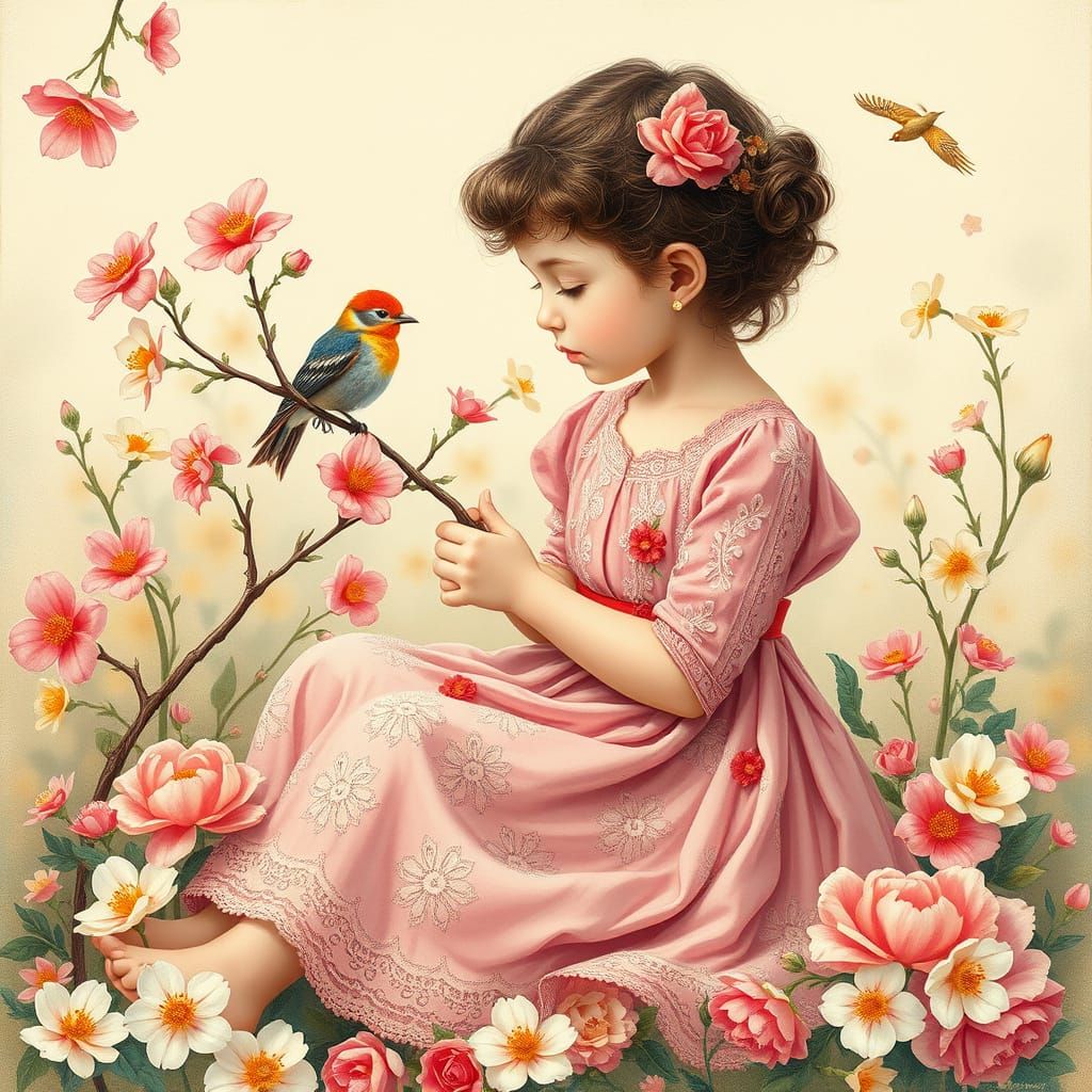 A Young Girl Surrounded by Vibrant Flowers and a Golden Bird