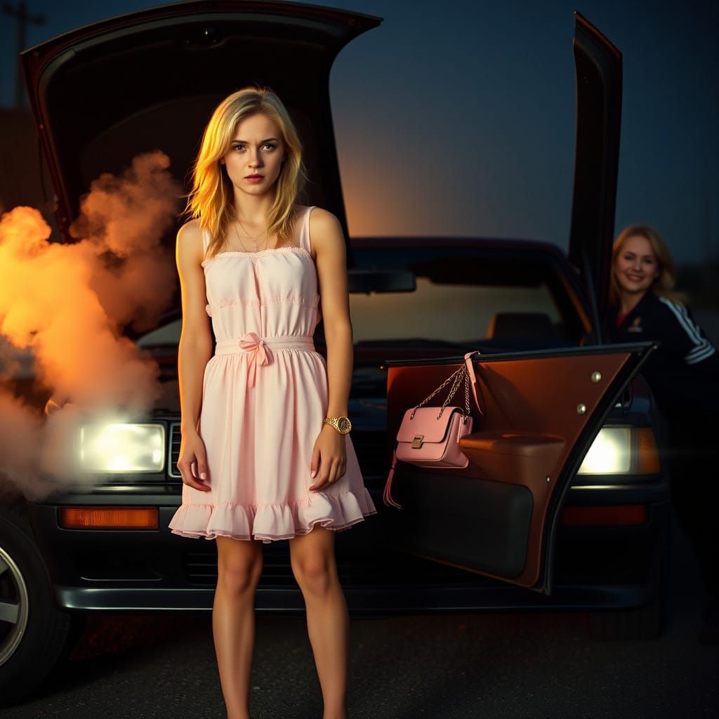 Handsome Young Man Crossdressing in Pastel Dress, Surrounded...