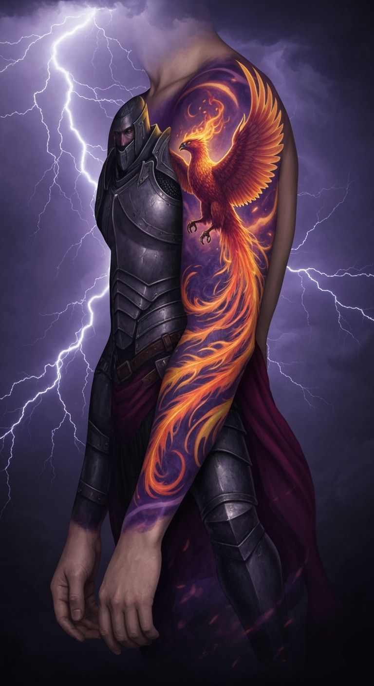 Knight and Phoenix Tattoo Design in Dark Fantasy Style