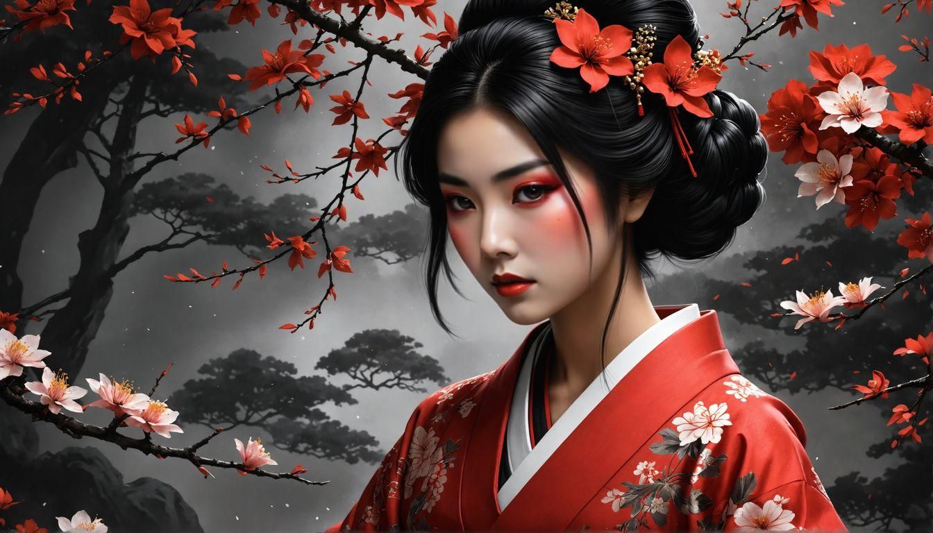 Elegant Geisha Girl in Red Kimono, Digital Painting