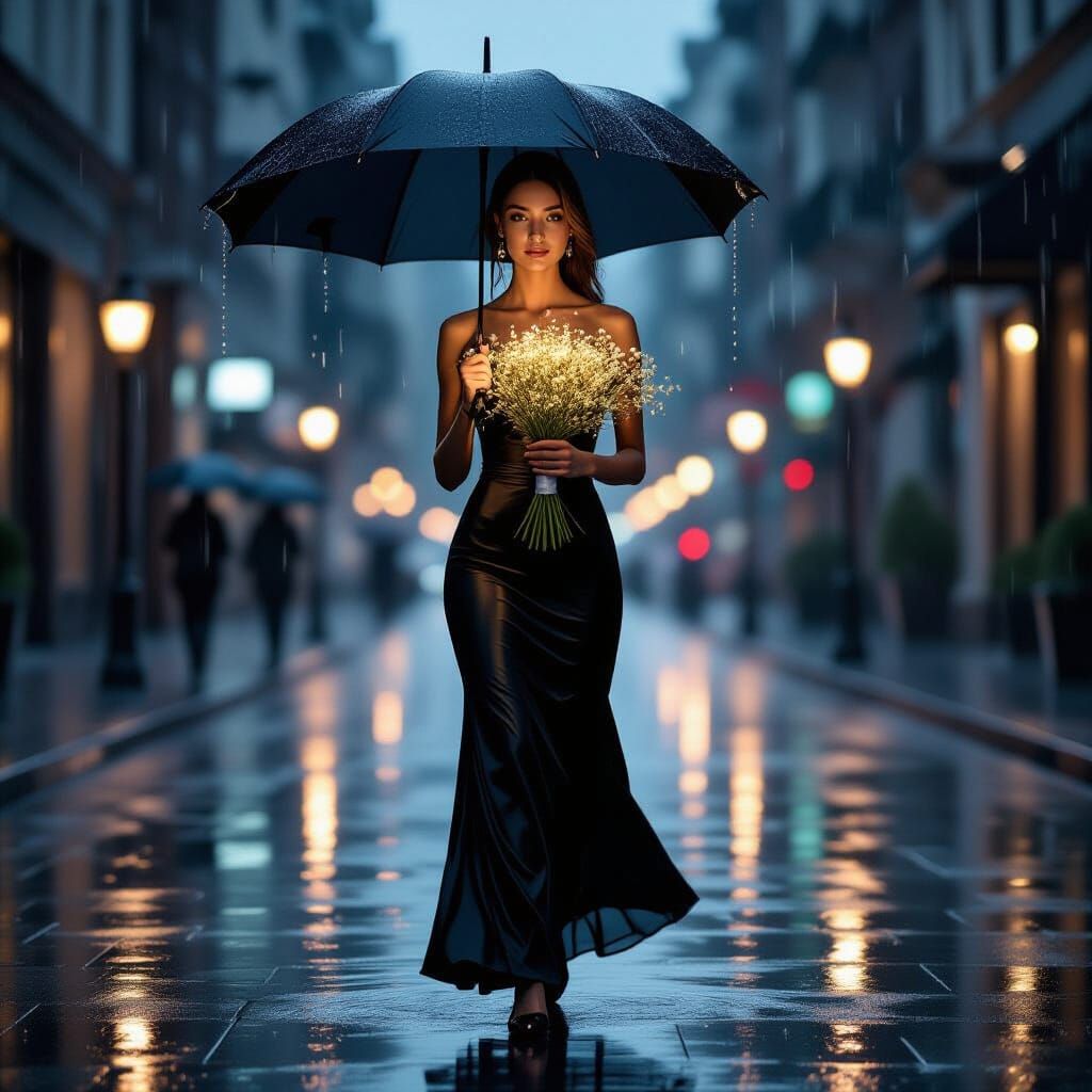 Elegant Woman Walks Through Rain with Luminous Bouquet