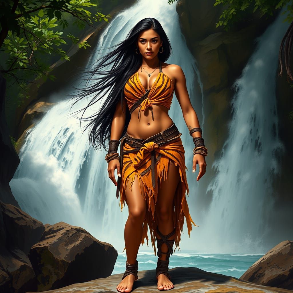 Athletic Woman in Tribal Outfit by Waterfall