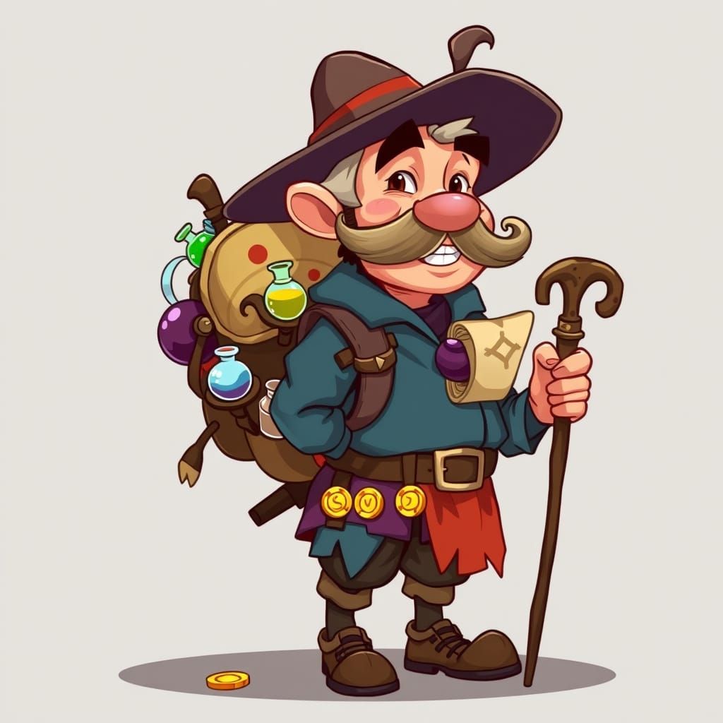 Whimsical Fantasy Merchant in Colorful Attire