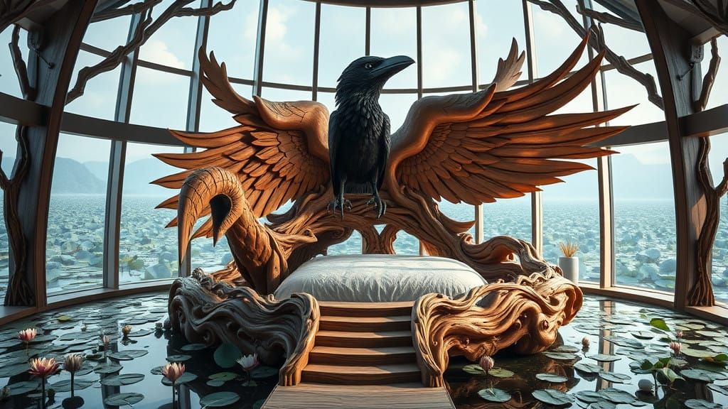 A Majestic Wooden Raven Bed in a Serene Glass Room