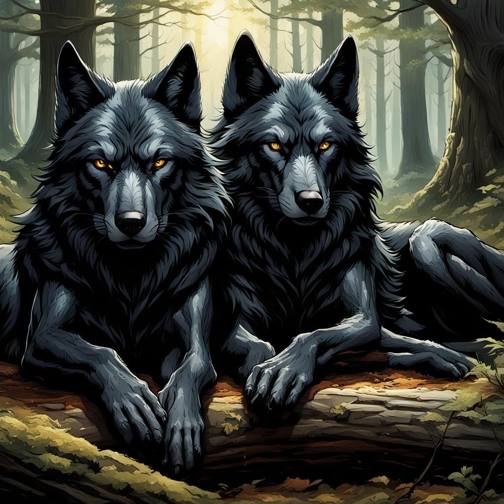 Geri and Freki, the Odin's two wolfs.