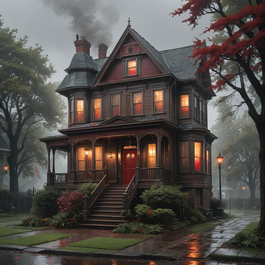 Victorian House in Rainstorm: Hyperrealistic Splash Art