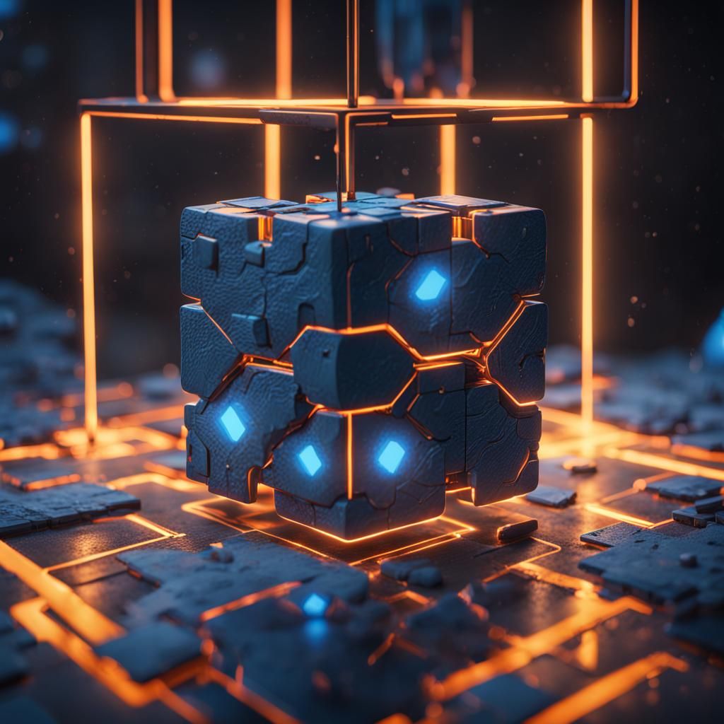 Glowing Blue Cube Concept Art in 8k