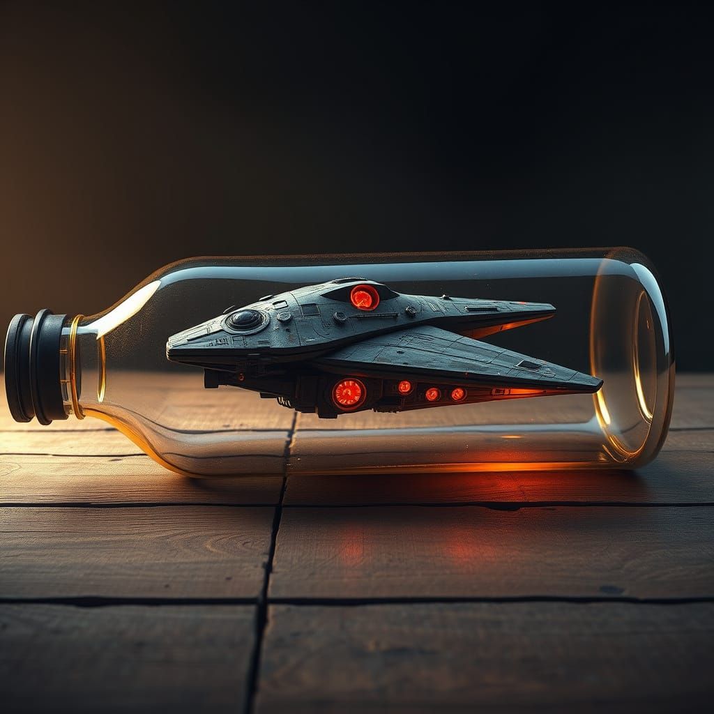 Futuristic Warship in Ancient Bottle, Hyper-Realistic Matte ...
