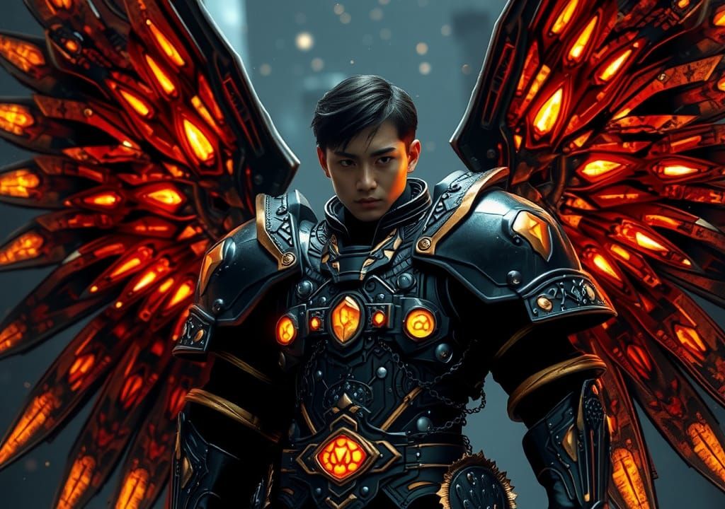 Asian Paladin with Mechanical Wings in Gothic Sci-Fi