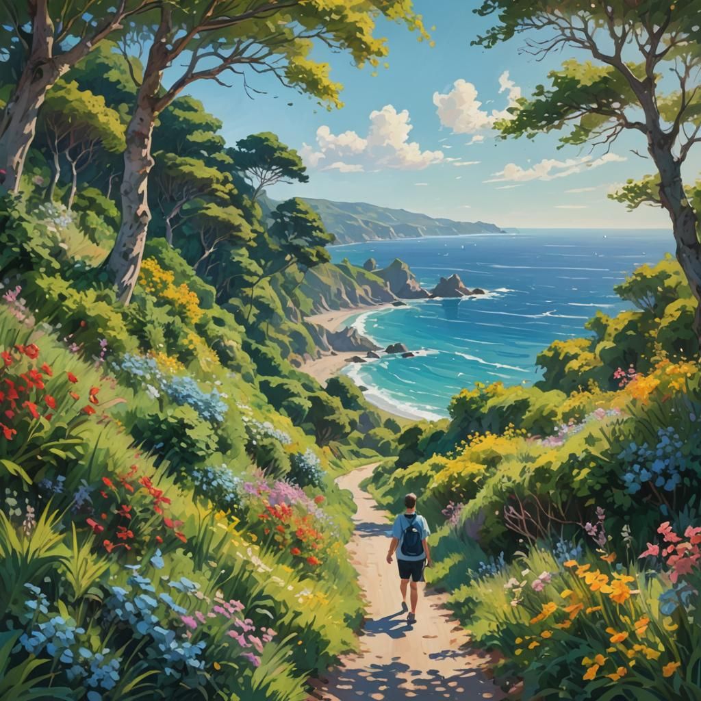 Coastal Path Walker in Impressionist Style