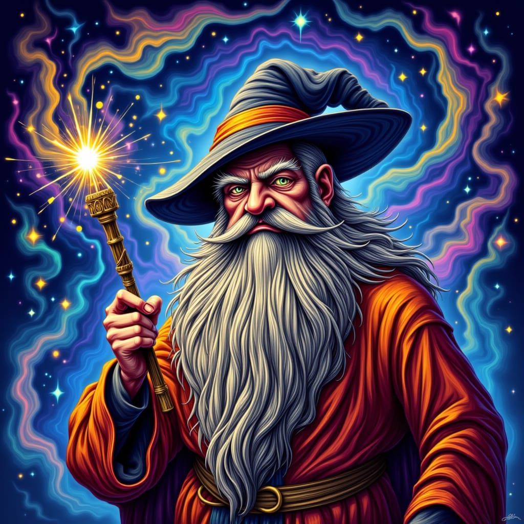 Grumpy Wizard with Long Beard and Tall Hat Casting Spell