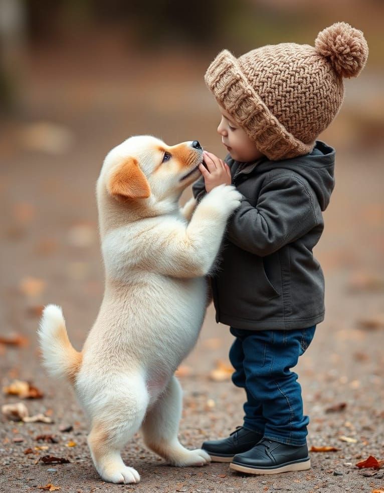 Adorable Puppy Kissing Boy in Autumn