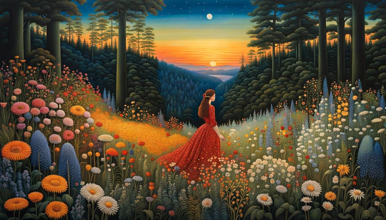 Sunset Woman in Floral Forest, Magic Realism