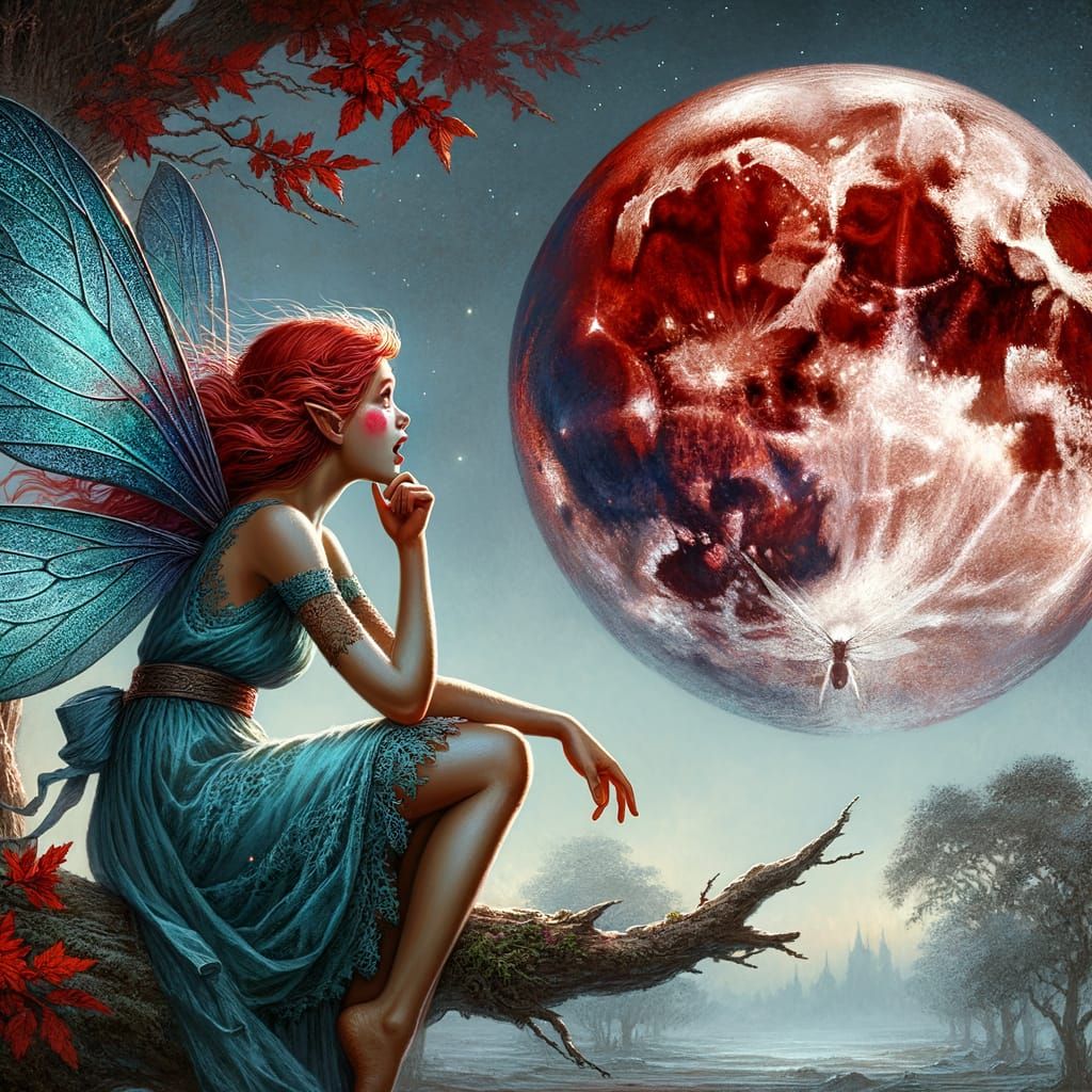 Fairy Amazed by Blood Moon in Dramatic Fantasy Sketch