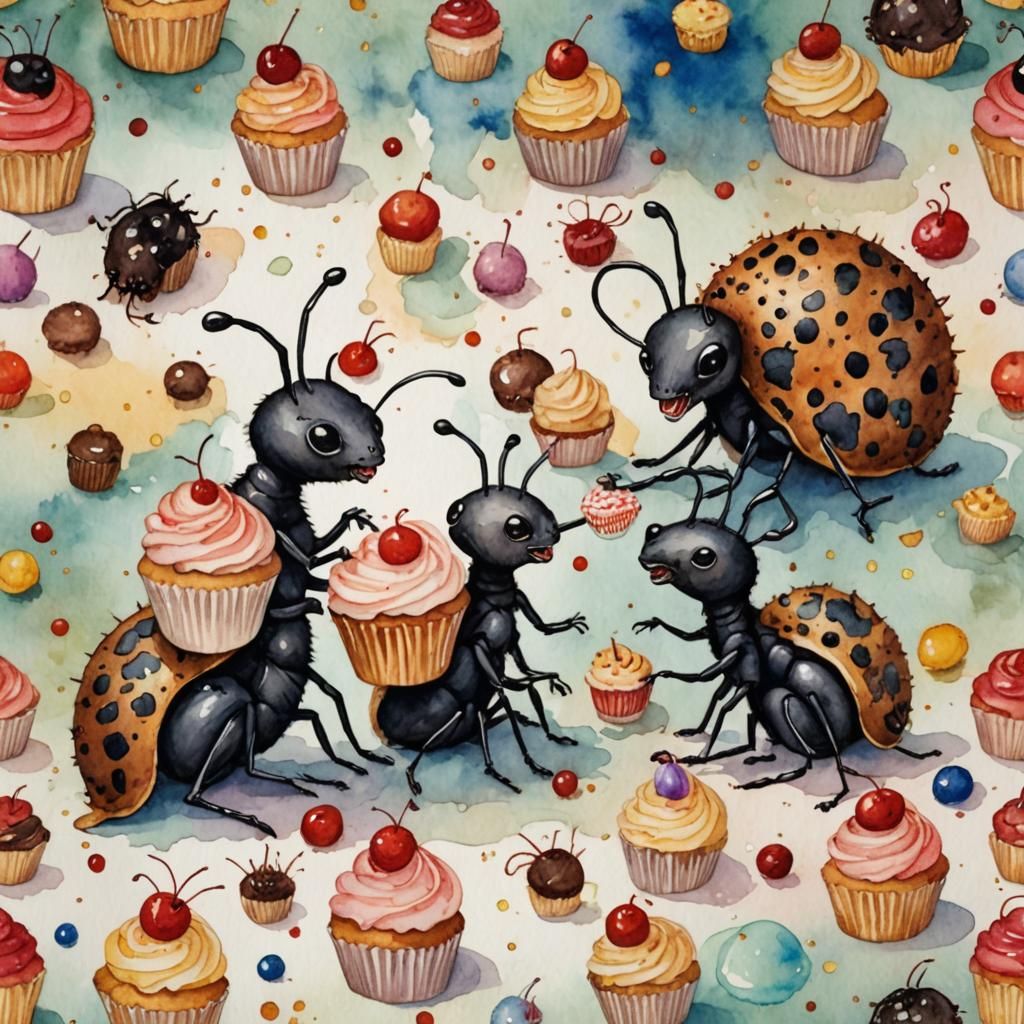 Anteaters Enjoying Cupcakes: Whimsical Watercolour Illustrat...