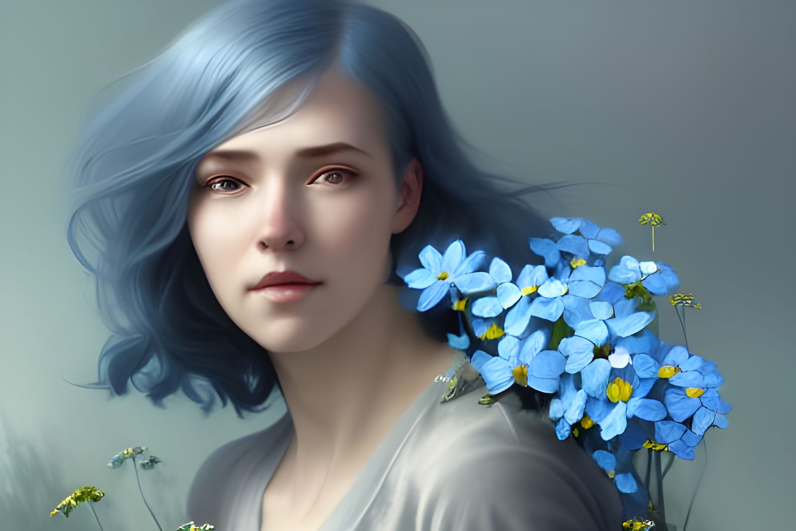 Blue-Haired Woman Portrait in Art Nouveau Style