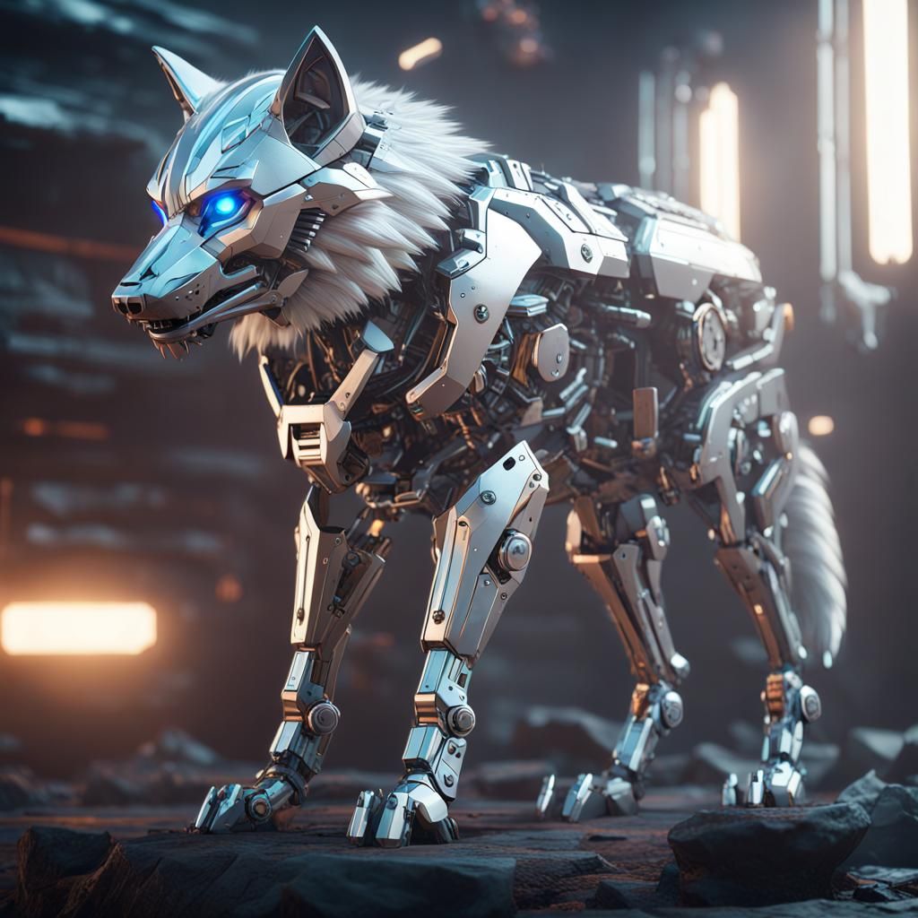 Mystical Wolf and Silver Cat in Sci-Fi Style