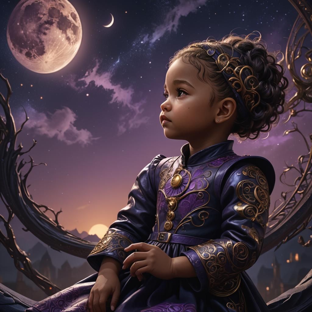 Baby in Leather Dress Watches Moon: Fantasy Art