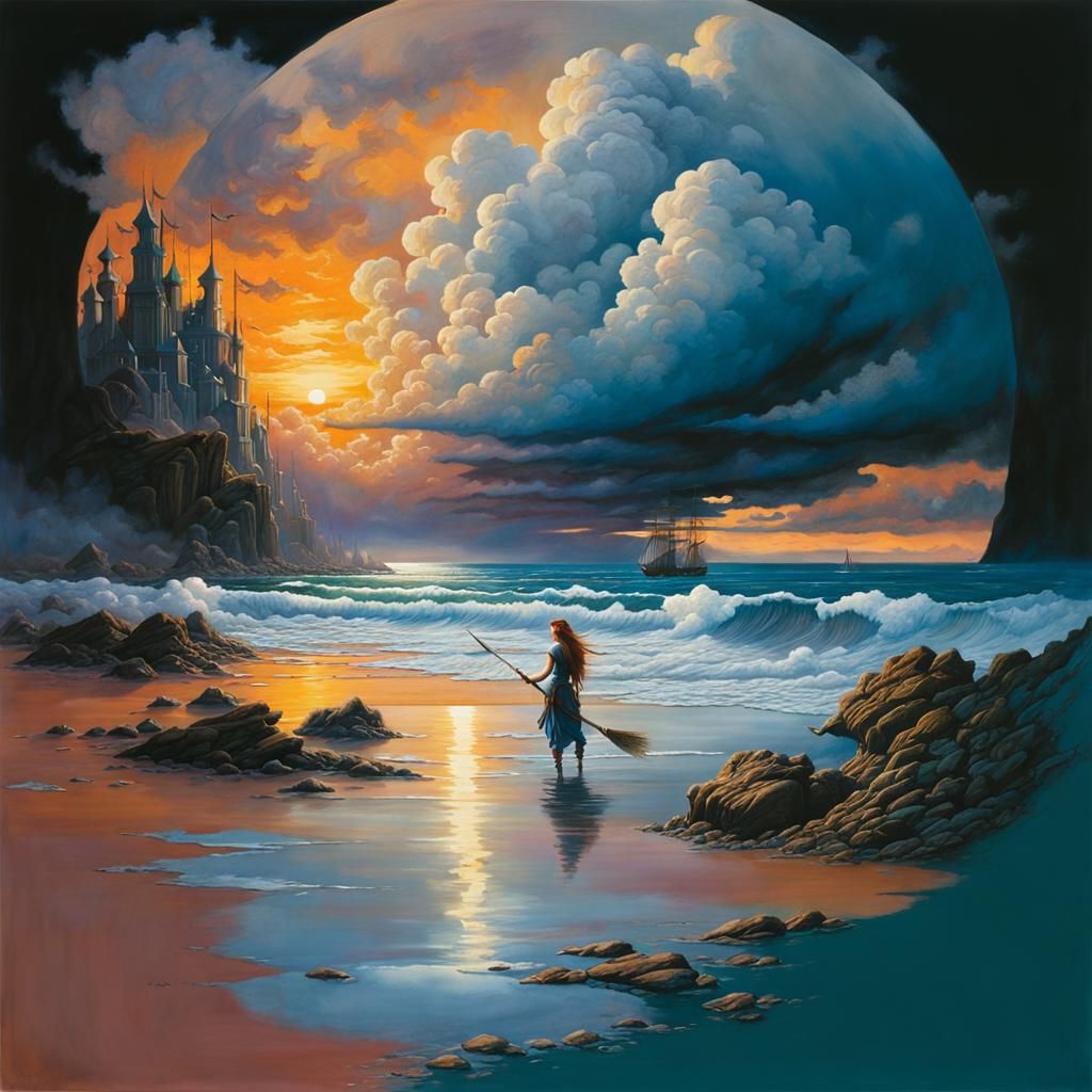 Cloudy Sunset Waterwoman in Maximalist Style