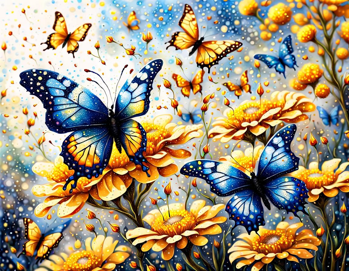Magical Butterflies in Pointillism Meadow at Golden Hour