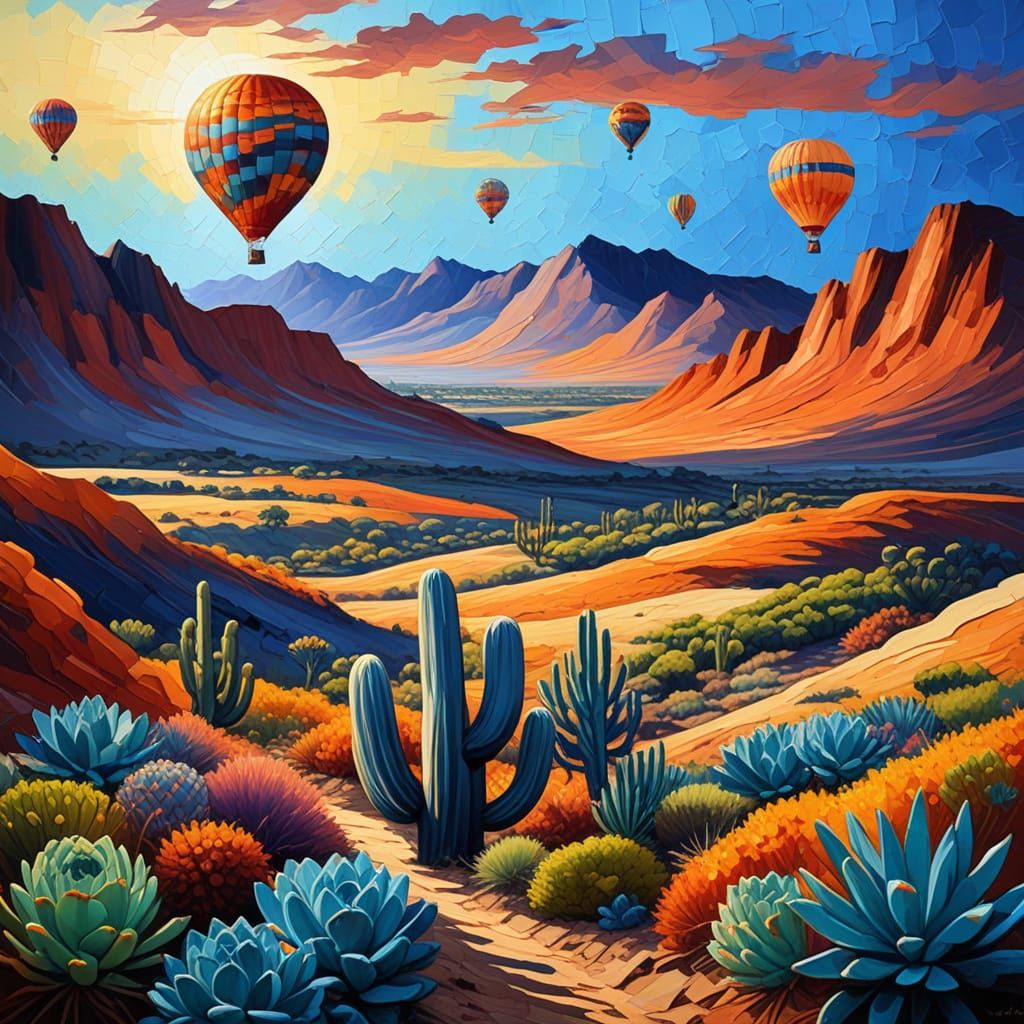 Vibrant Desert Dreamscape with Succulent Hot Air Balloons