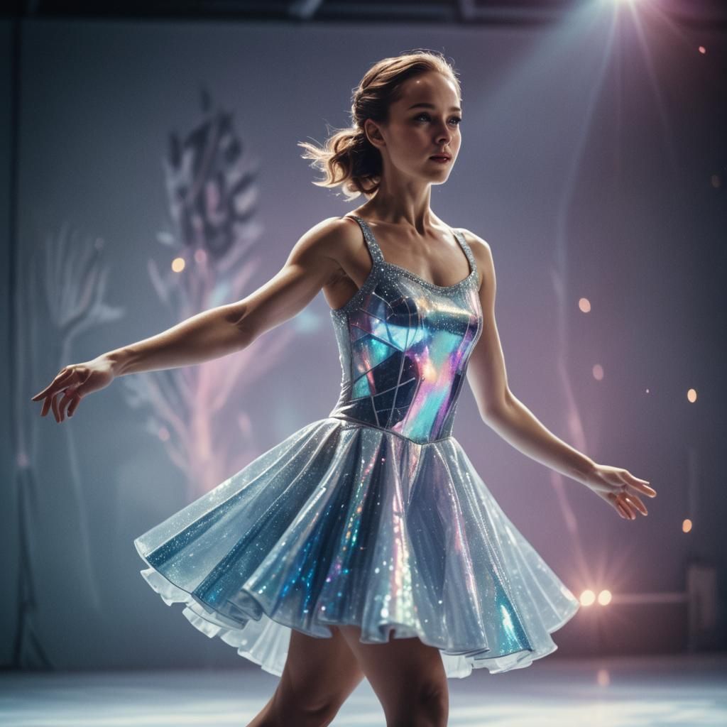 Figure Skater in Holographic Dress: Cinematic Still