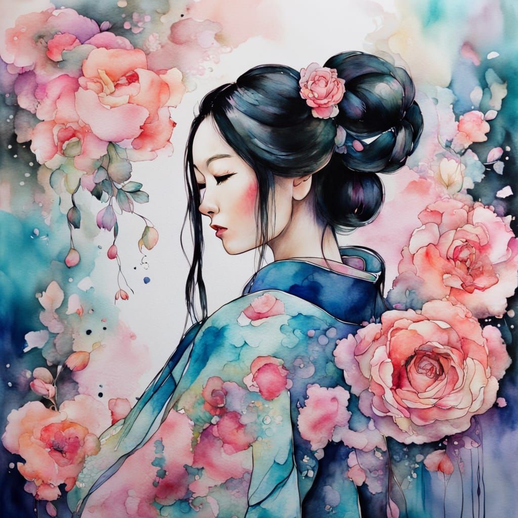 Woman in Kimono Smelling Rose in Alcohol Ink