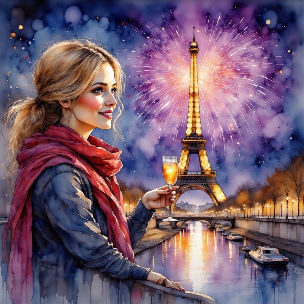 Surreal Parisian Night in Watercolor and Ink