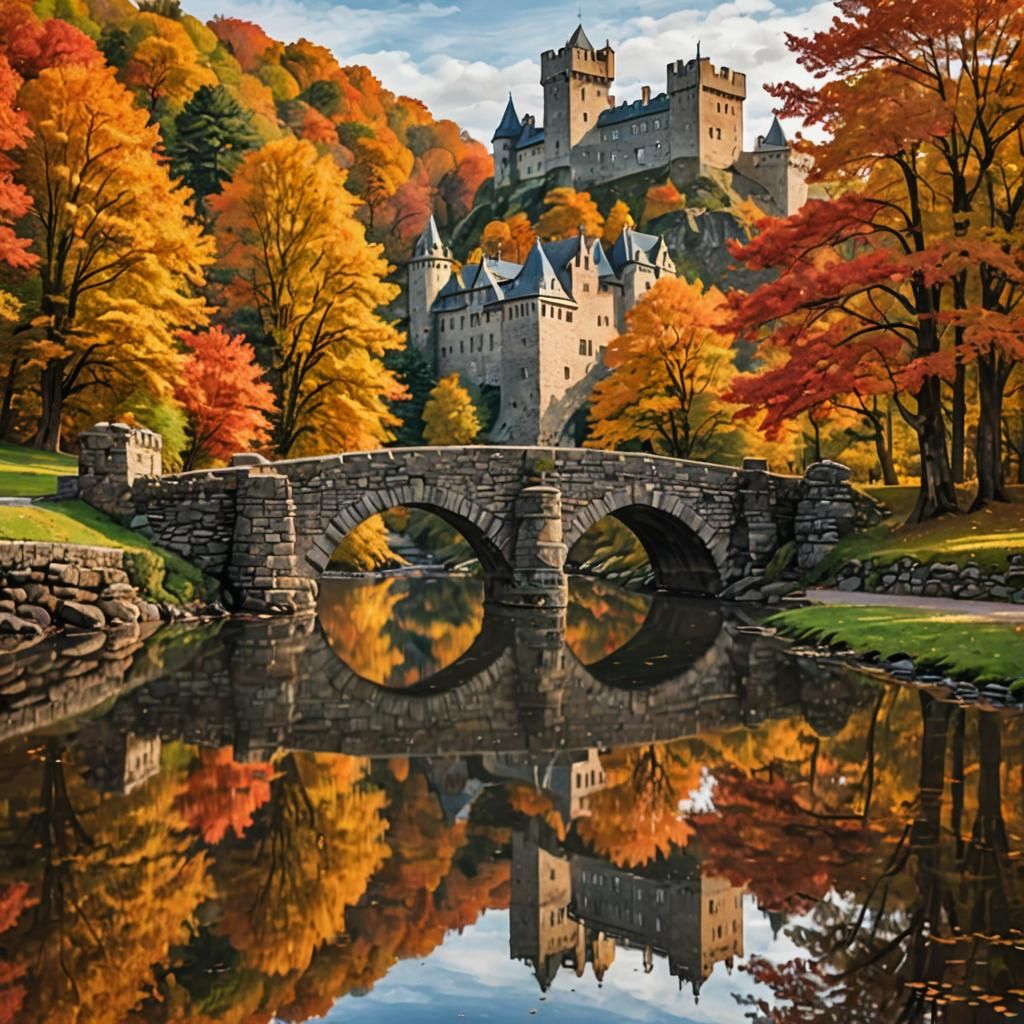 Autumn River Scene with Stone Bridge Reflection