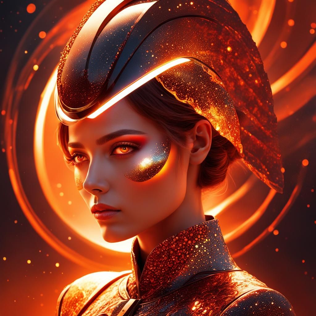 Futuristic Android with Volcanic Halo, Pointillist Digital A...