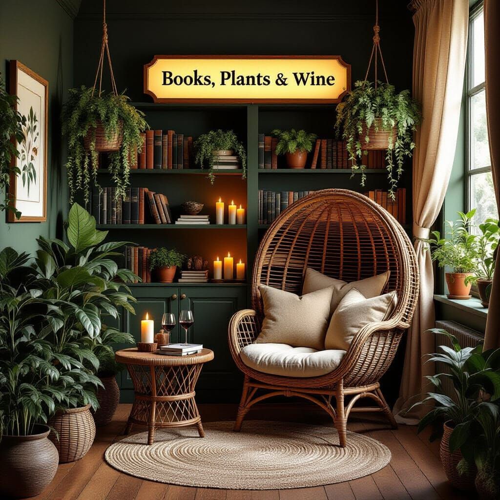 Cozy Reading Nook with Bookshelf and Plants as Digital Illus...