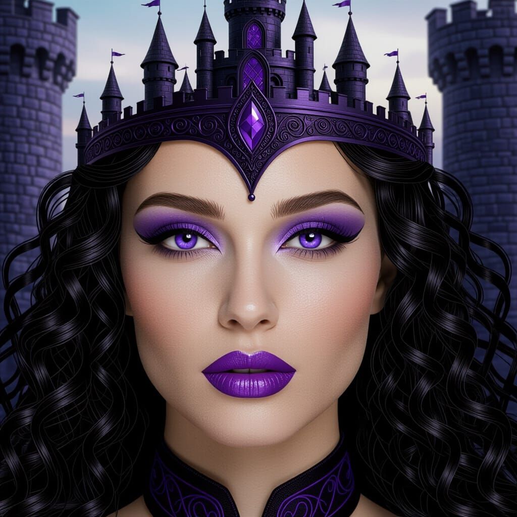 Glamorous Woman with Purple Eyes and Castle Reflection