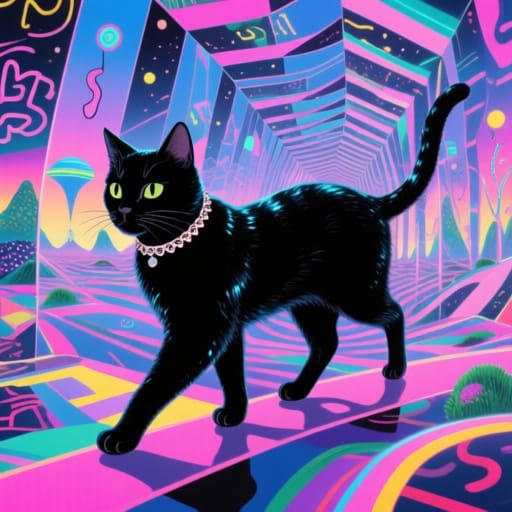 Black Cat Navigating a Kaleidoscopic Mirror Landscape