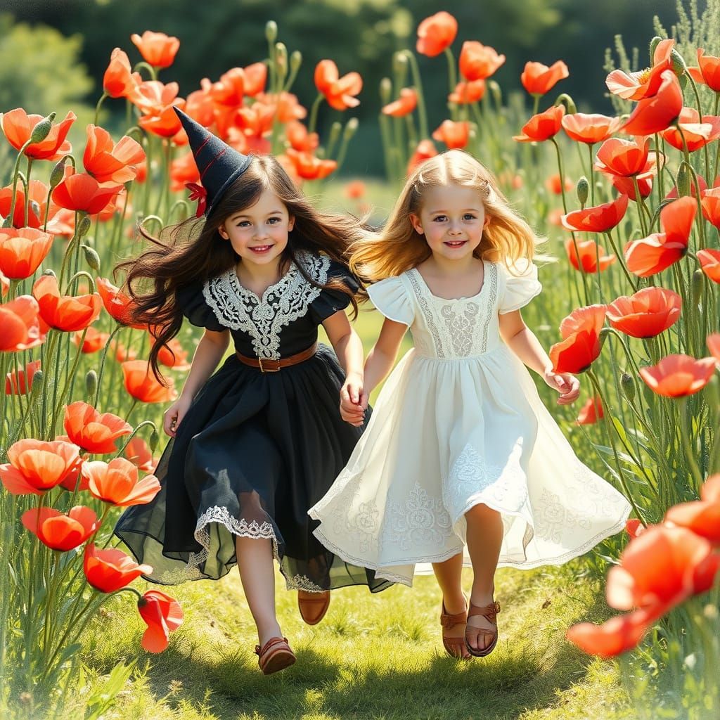 Whimsical Sisters in a Poppied Garden, Romantic Watercolor S...