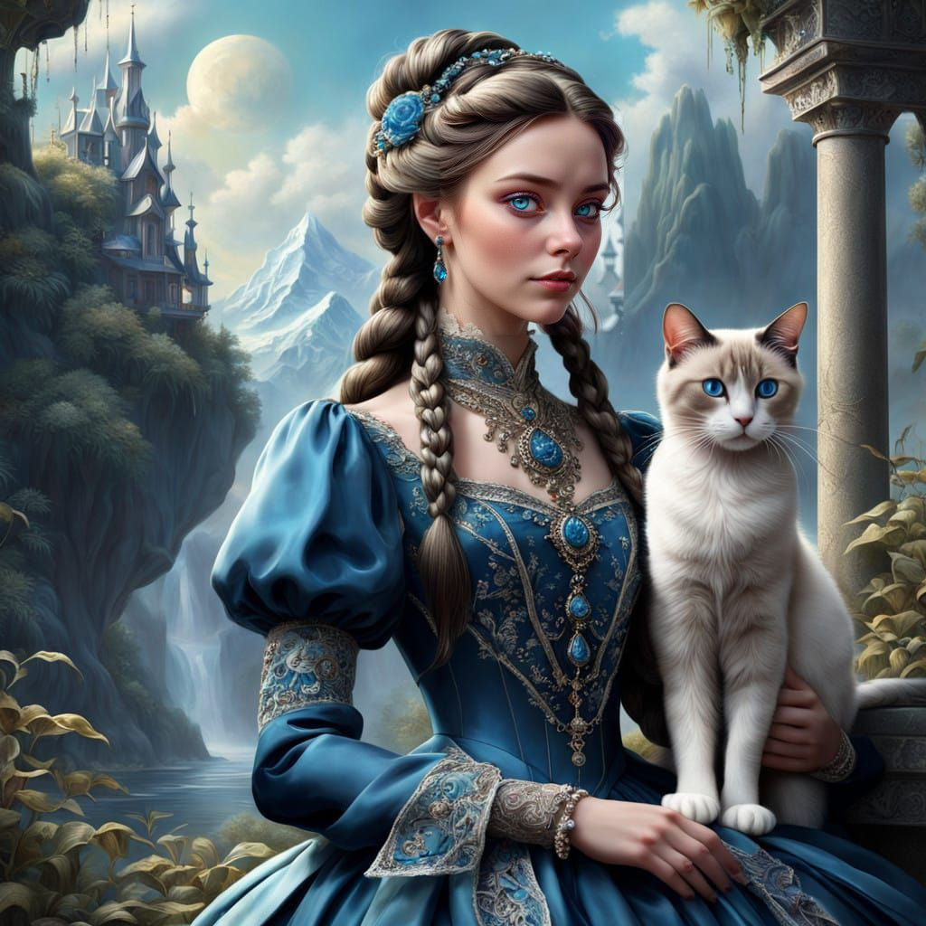 Elegant Victorian Lady with Majestic Siamese Cat in Whimsica...