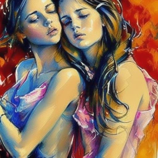 Two Women Hugging in Impressionistic Watercolour