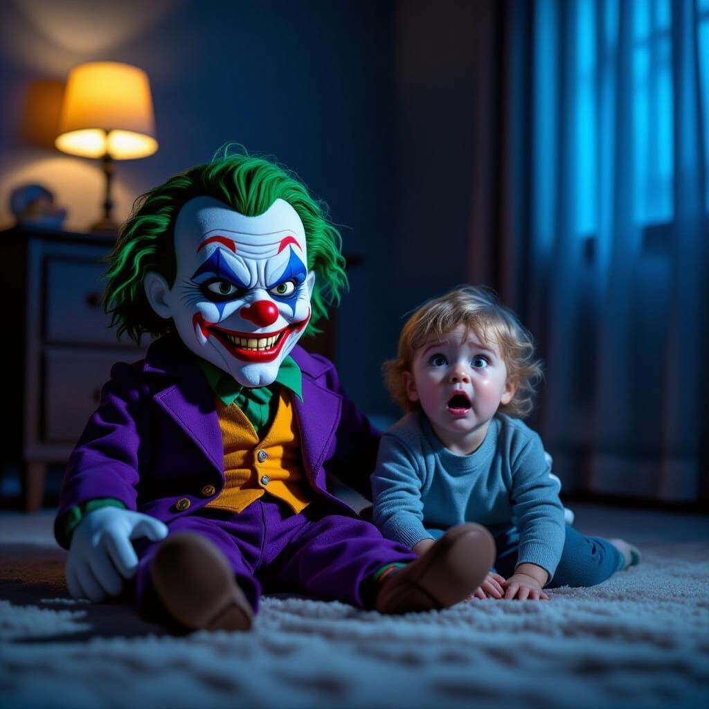 Grumpy Joker Toy Chases Toddler in Dark Room