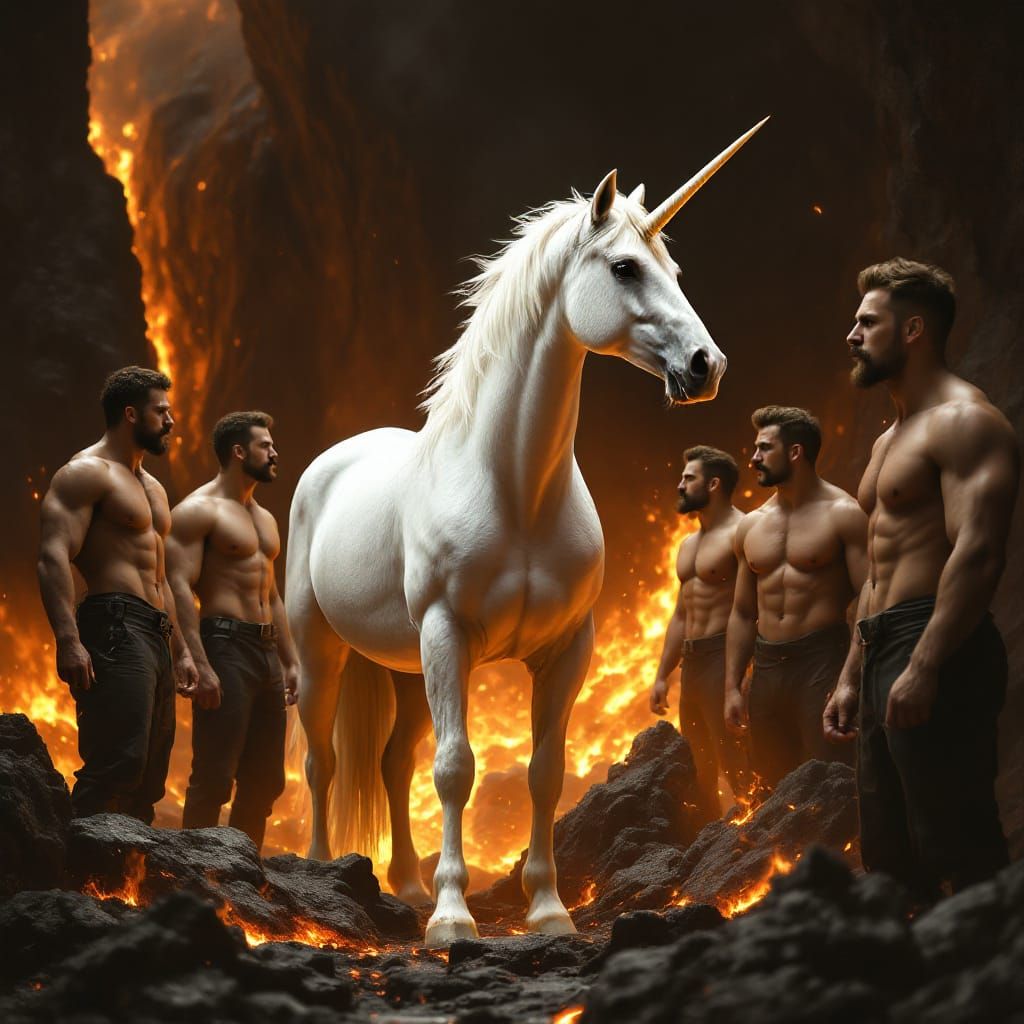 Unicorn and Bodybuilders Amidst Lava in Sepia Tones