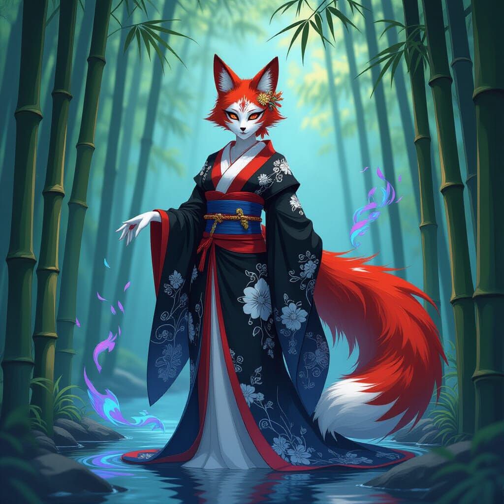 Kitsune Empress in Bamboo Forest, Anime Art Nouveau
