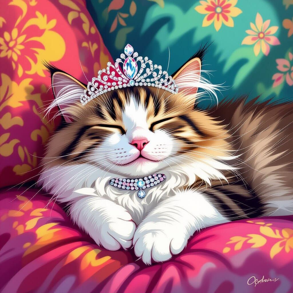 Cat Nap with Tiara in Vibrant Illustrative Style