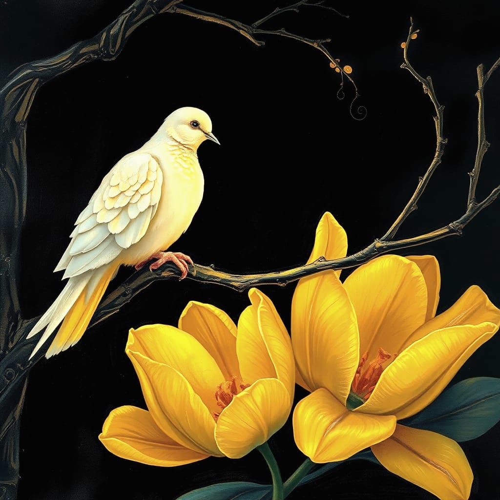 Bioluminescent Dove with Golden Tulips