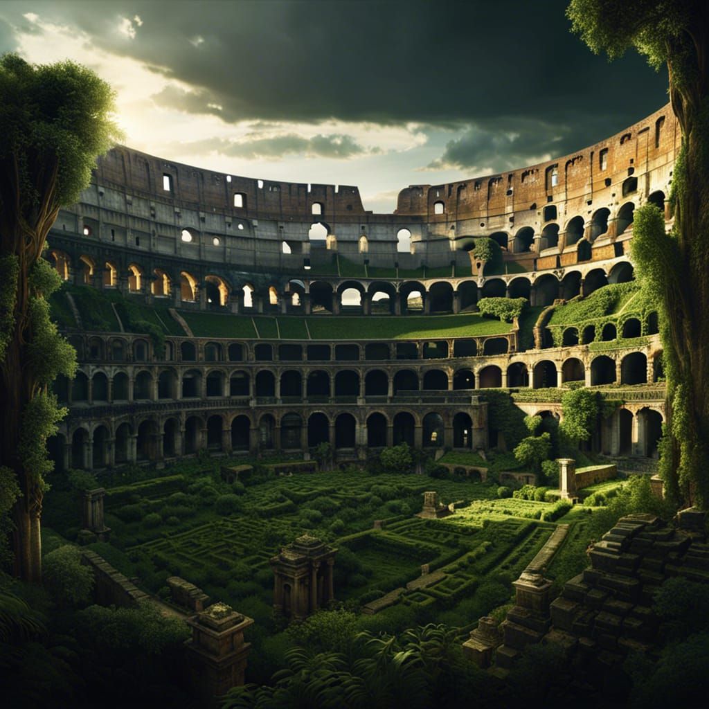 Overgrown Colosseum in Apocalyptic Landscape