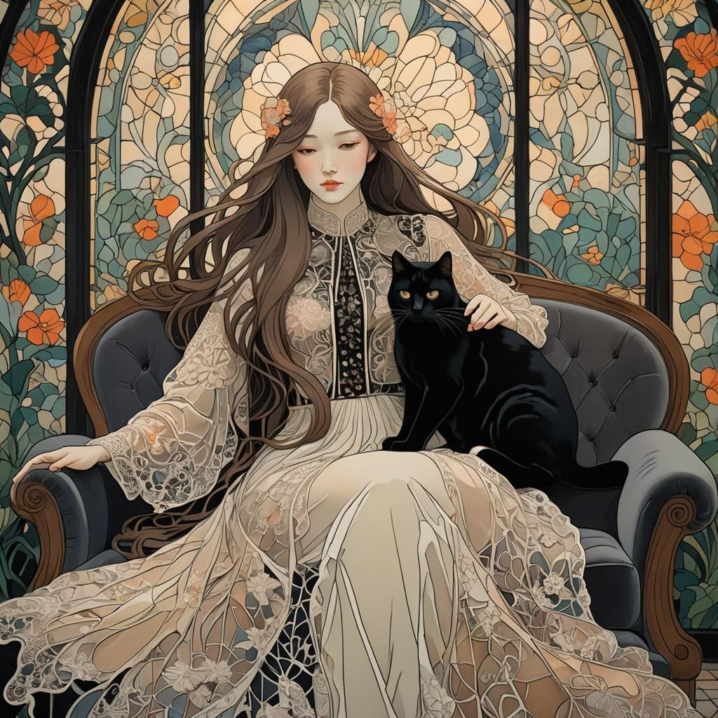 Elegant Girl and Cat in Art Nouveau Style
